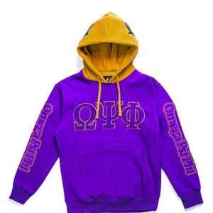 NWOT Purple Omega Psi Phi hoodie with raised lettering and shield - Size M